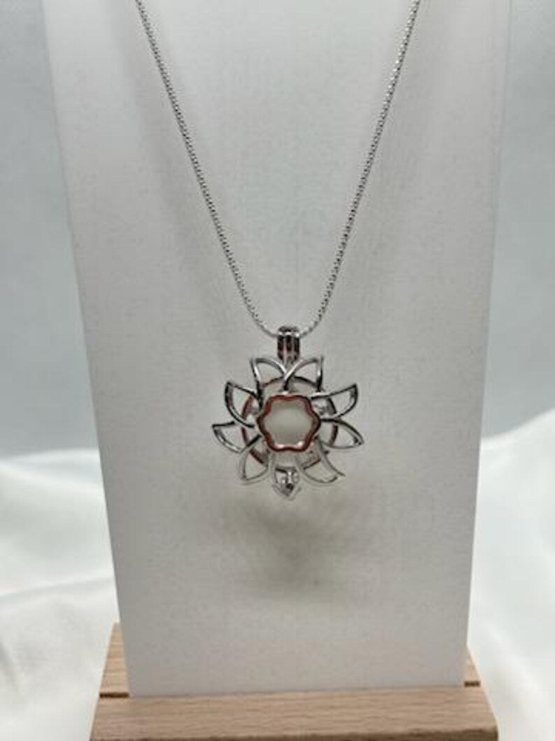 Sterling Silver Gemstone Cage Pendant • Large Sunflower Design • Fits 14mm Gem • White Gold Plated
