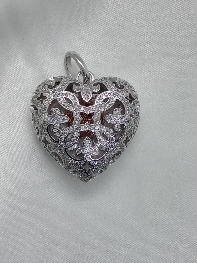 Elegant Heart Filigree Sterling Silver Locket Pendant Necklace • Hidden Surprise Inner Dangling Rose Gold Heart