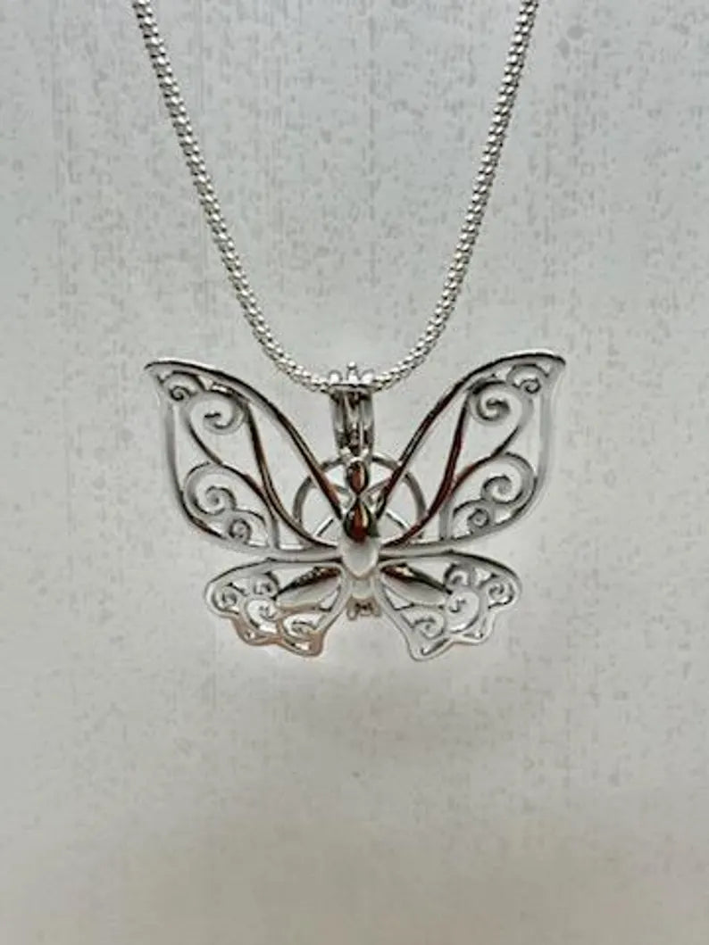 Sterling Silver Gemstone Cage Pendant • Butterfly Design • Fits 8mm Gem • Interchangeable Necklace • White Gold Plated