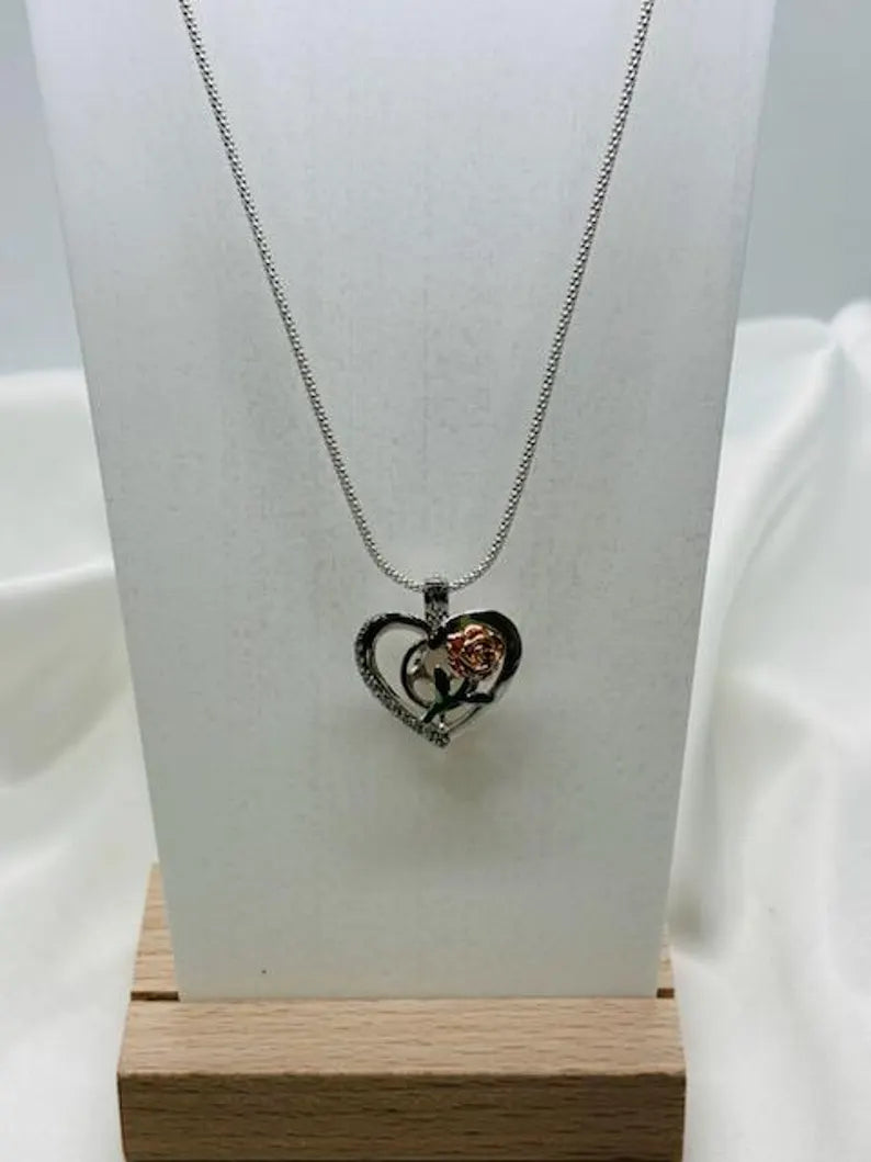 Romantic Cage Pendant Gift • Rose Gold Bloom on Green Stem in 925 CZ Heart • Sterling Silver White Gold Plated • Fits 6mm Gem • Gem Options