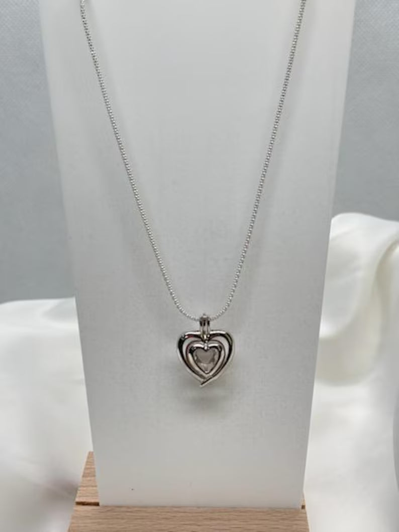 Sterling Silver Gemstone Cage Pendant • Bold Heart • Fits 8mm Gem • White Gold Plated