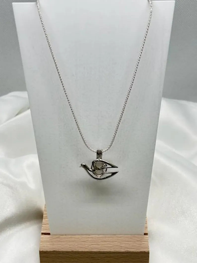 Sterling Silver Gemstone Cage Pendant • Peace Dove • Fits 8mm Gem • White Gold Plated