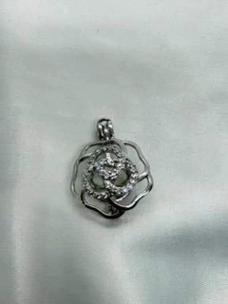 Sterling Silver Gemstone Cage Pendant • Flower CZ Swirl • Interchangeable Necklace • Fits 5mm Gem (3 pcs) • White Gold Plated