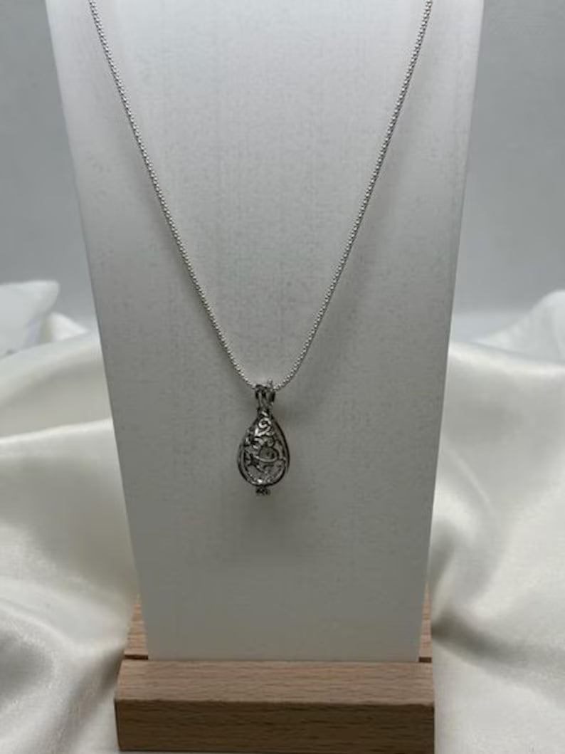 Sterling Silver Gemstone Cage Pendant • Flowing Waterdrop • Fits 8mm Gem • White Gold Plated