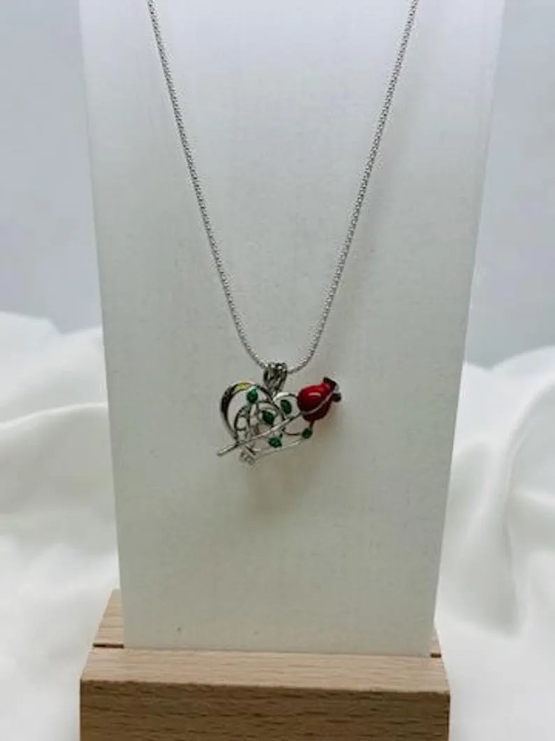 Romantic Cage Pendant Gift • Red Rose + Green Leaves Sterling Silver (White Gold Plated) • Fits 6mm Gem • with Gemstone Options