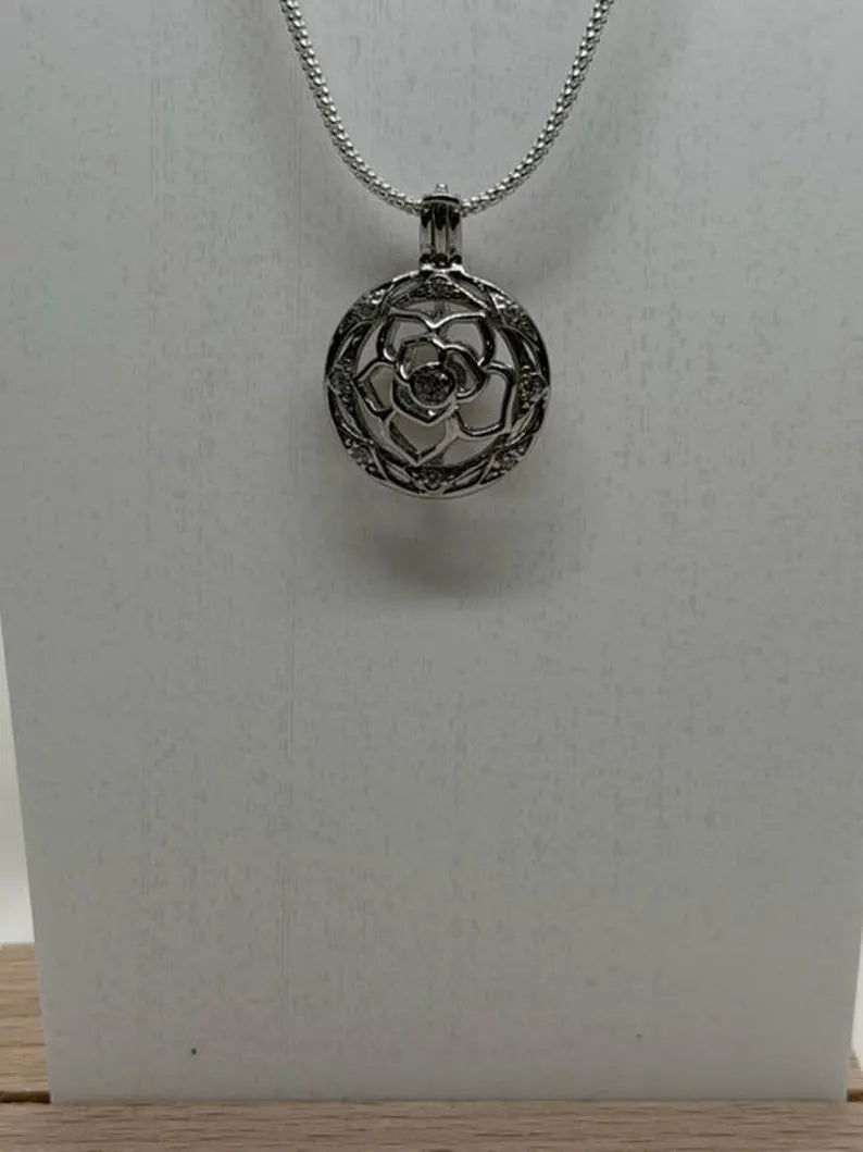 Sterling Silver Gemstone Cage Pendant • Flower with CZ Center • Interchangeable Necklace • Fits 5mm Gem (4 pcs) • White Gold Plated