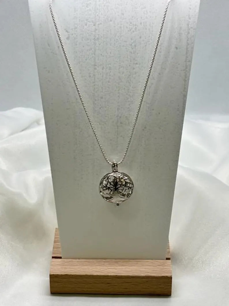 Sterling Silver Gemstone Cage Pendant • Blossoming Tree • Fits 8mm Gem • White Gold Plated