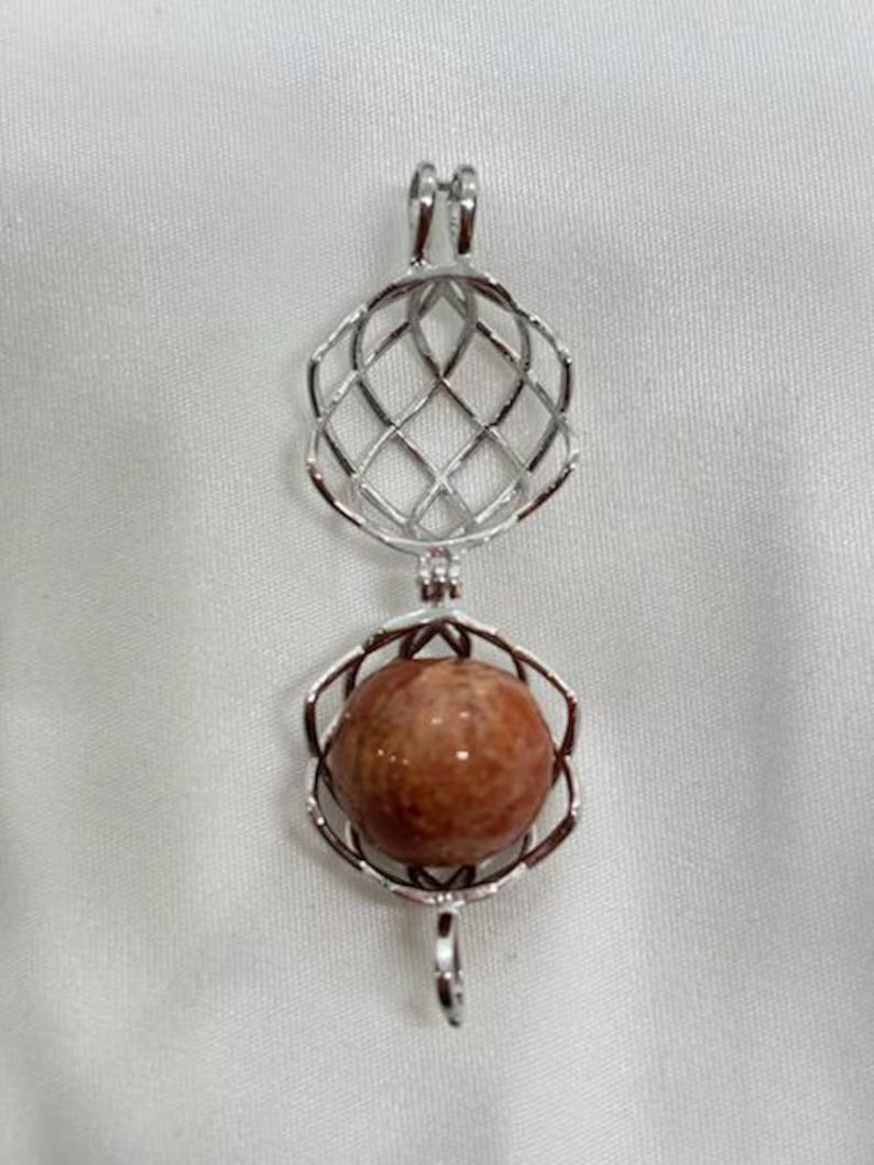 Sterling Silver Cage Pendant with Gemstone Options • Round Classic • White Gold Plated • Jade • Jasper • Peach Moonstone • Blue Lace Agate
