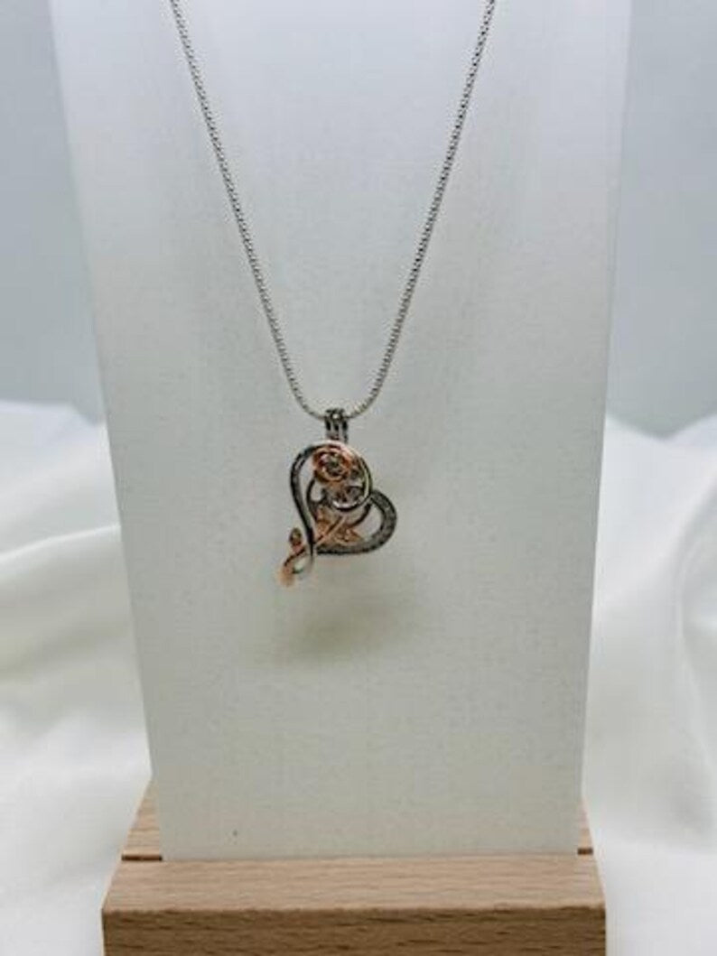 Romantic Cage Pendant Gift • Rose Gold CZ Flower in Sterling Silver CZ Heart • Sterling Silver White Gold Plated • Fits 6mm Gem • Gem Option