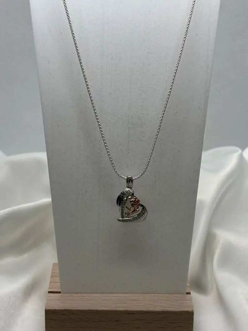 Romantic Cage Pendant Gift • Rose Gold Flower Bloom in 925 CZ Heart • Sterling Silver (White Gold Plated) • Fits 6mm Gem • With Gem Options