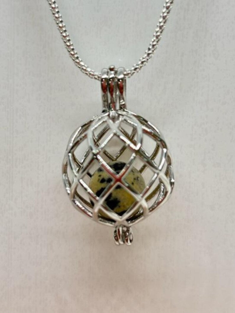 Sterling Silver Cage Pendant with Gemstone Options • Round Classic • White Gold Plated • Jade • Jasper • Peach Moonstone • Blue Lace Agate