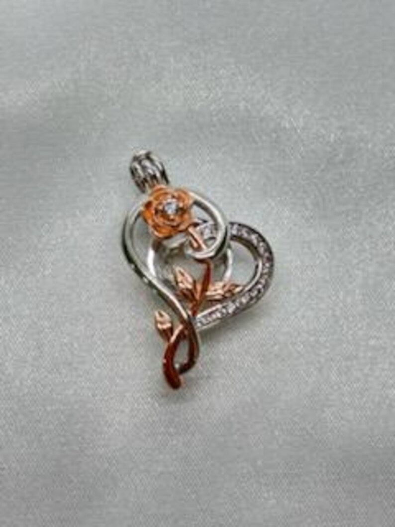 Romantic Cage Pendant Gift • Rose Gold CZ Flower in Sterling Silver CZ Heart • Sterling Silver White Gold Plated • Fits 6mm Gem • Gem Option