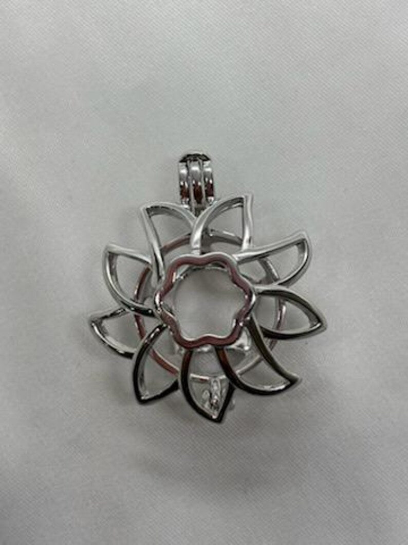 Sterling Silver Gemstone Cage Pendant • Large Sunflower Design • Fits 14mm Gem • White Gold Plated