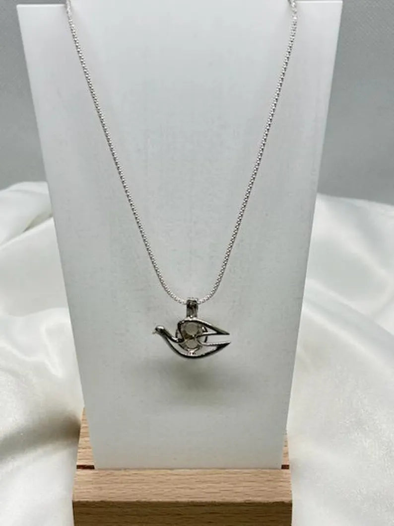 Sterling Silver Gemstone Cage Pendant • Peace Dove • Fits 8mm Gem • White Gold Plated