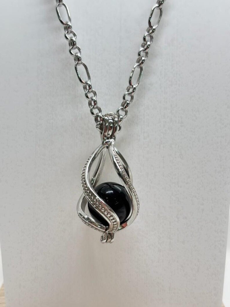Sterling Silver Cage Pendant with Gemstone Options • Large Twist Design • White Gold Plated • Red Agate • Rainbow Obsidian • Bloodstone