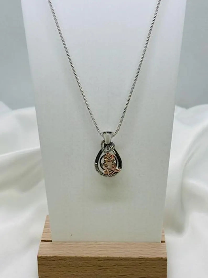Romantic Cage Pendant Gift • 'Always in my Heart' Rose Gold CZ Blooms in Vase • Sterling Silver (White Gold Plated) • With Gemstone Options