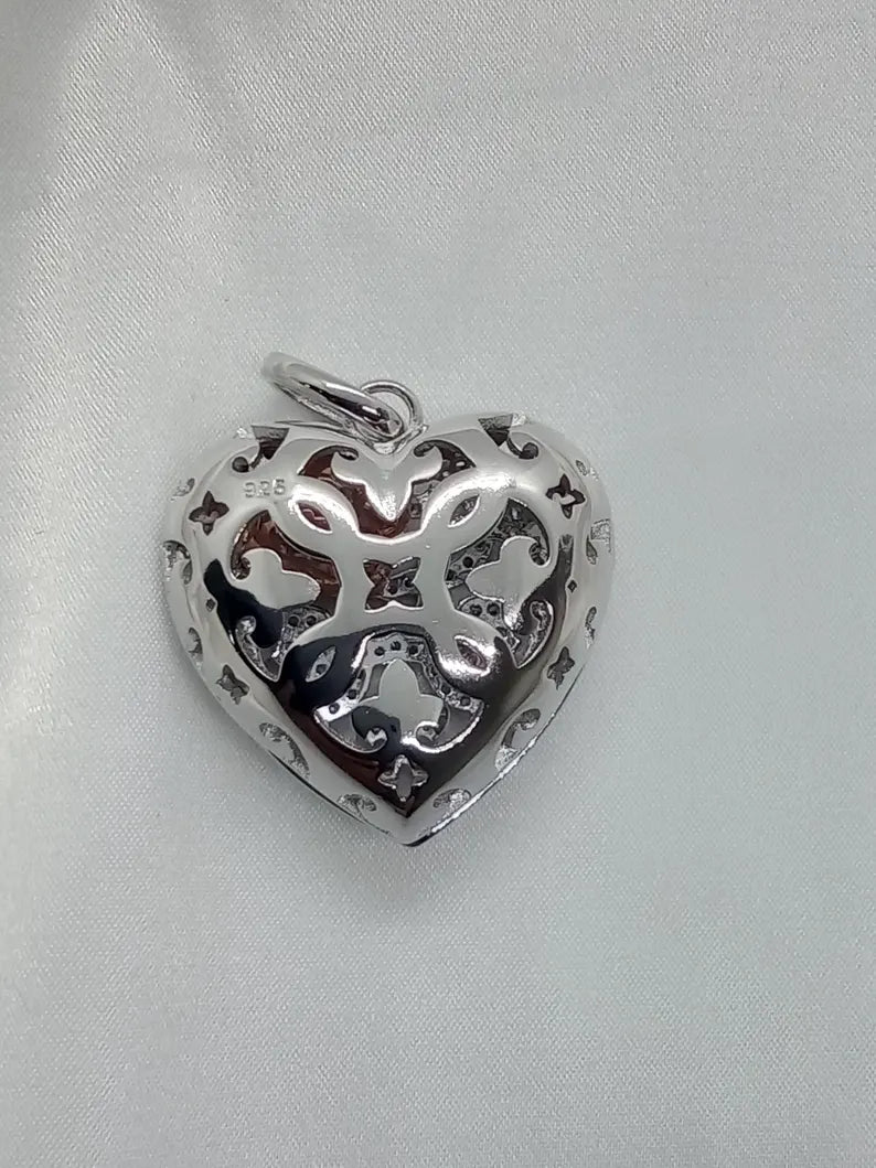 Elegant Heart Filigree Sterling Silver Locket Pendant Necklace • Hidden Surprise Inner Dangling Rose Gold Heart