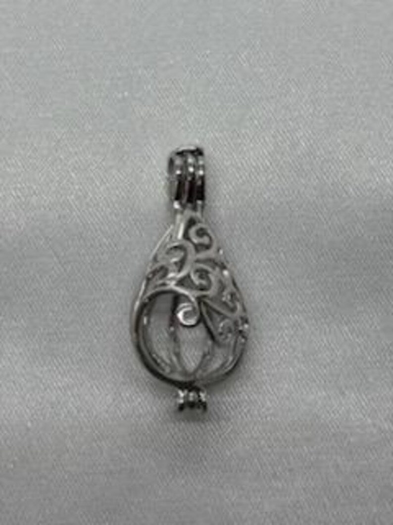 Sterling Silver Gemstone Cage Pendant • Flowing Waterdrop • Fits 8mm Gem • White Gold Plated