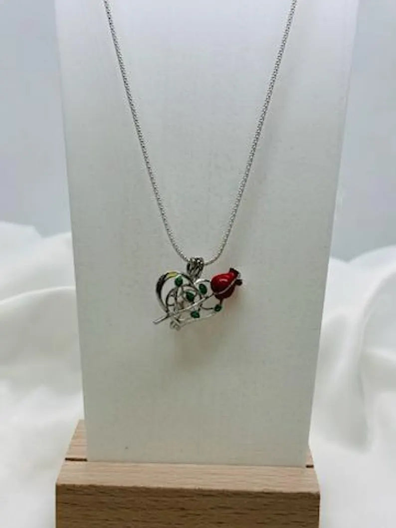 Romantic Cage Pendant Gift • Red Rose + Green Leaves Sterling Silver (White Gold Plated) • Fits 6mm Gem • with Gemstone Options