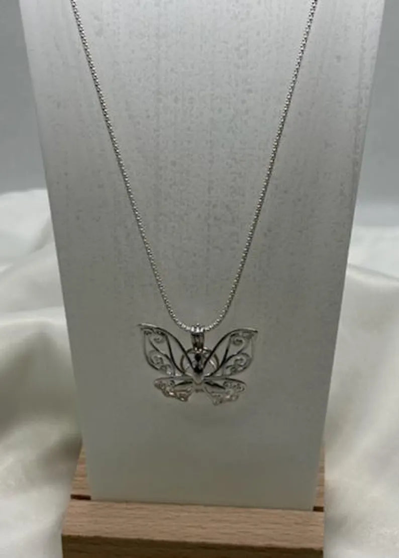 Sterling Silver Gemstone Cage Pendant • Butterfly Design • Fits 8mm Gem • Interchangeable Necklace • White Gold Plated