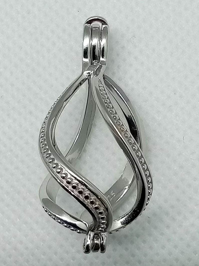 Sterling Silver Gemstone Cage Pendant • Large Twist Design • Interchangeable Necklace • Fits 14mm Gem • White Gold Plated