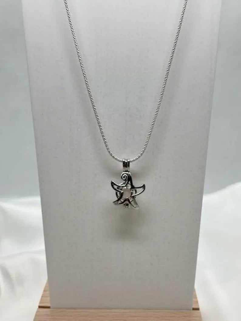 Sterling Silver Gemstone Cage Pendant • Starfish Design • Fits 6mm Gem • White Gold Plated