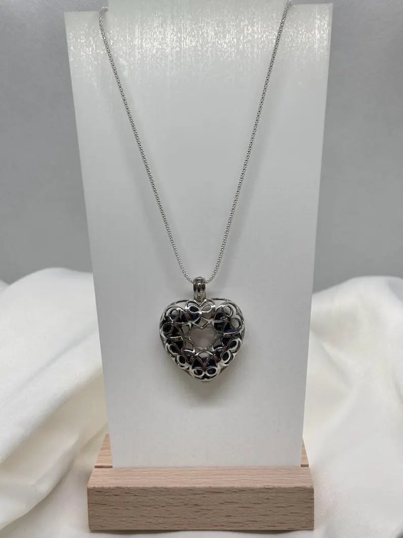 Sterling Silver Cage Pendant with Gemstone Options • Lovely Heart Design • White Gold Plated • 9 Chakra • Angelite • Dumortierite