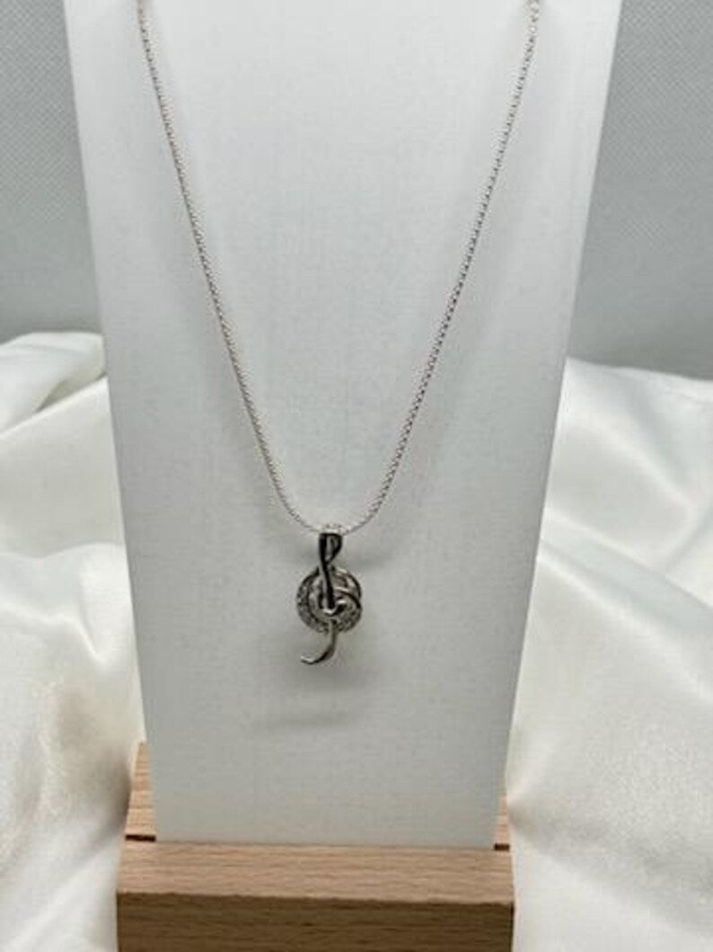Sterling Silver Gemstone Cage Pendant • Musical Note B2 • Fits 8mm Gem • White Gold Plated