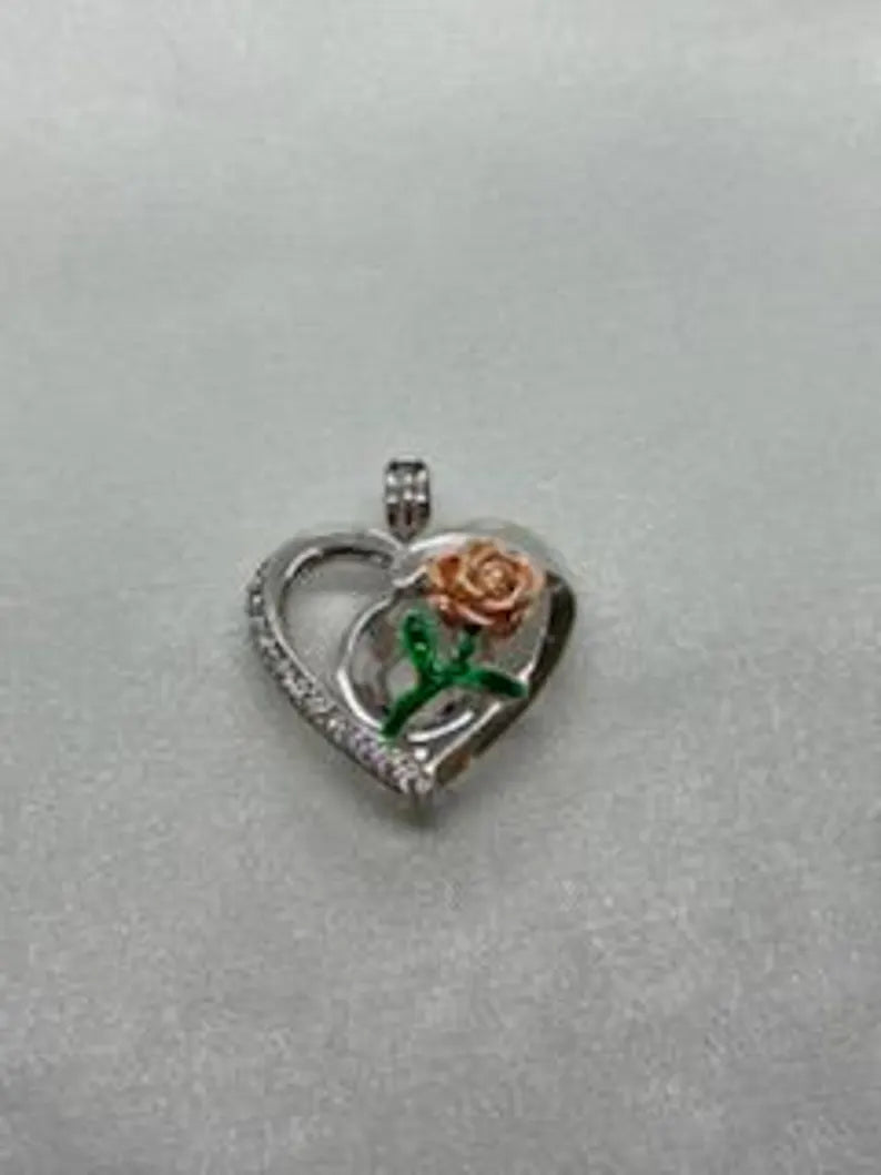 Romantic Cage Pendant Gift • Rose Gold Bloom on Green Stem in 925 CZ Heart • Sterling Silver White Gold Plated • Fits 6mm Gem • Gem Options