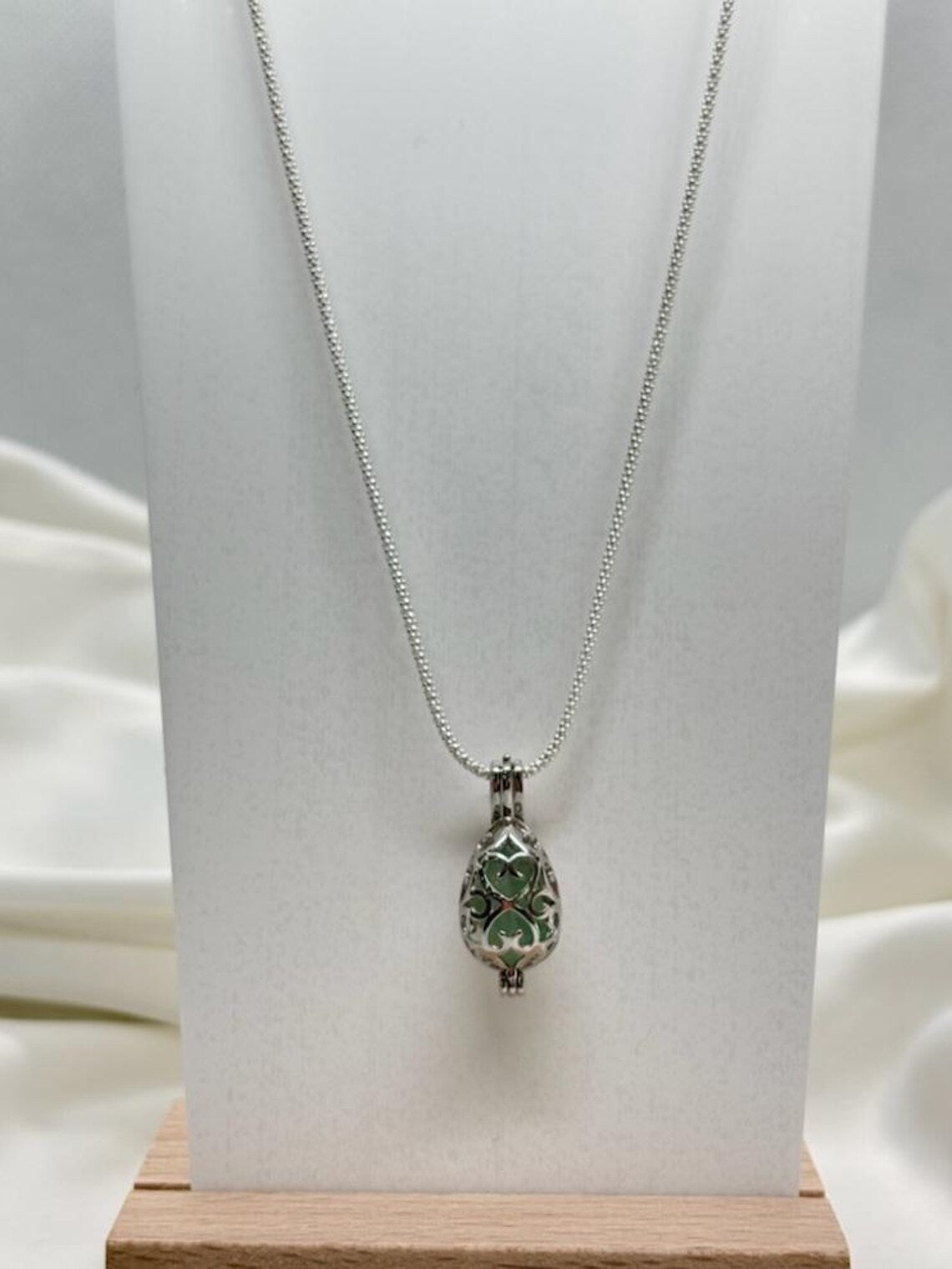 Sterling Silver Cage Pendant with Gemstone Options • Oval Egg Design • White Gold Plated • Peach Morganite • Green Fluorite • Gold Pyrite
