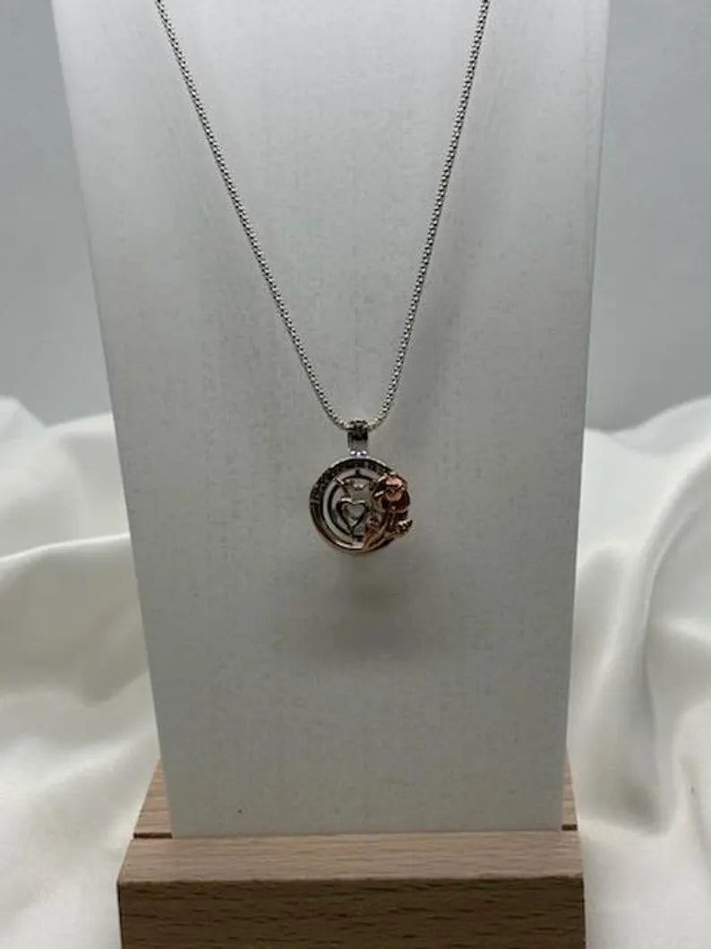Romantic Cage Pendant Gift • 'I Love You Forever' Rose Gold Flower with Silver Heart • Fits 6mm Gem • Sterling Silver (White Gold Plated)