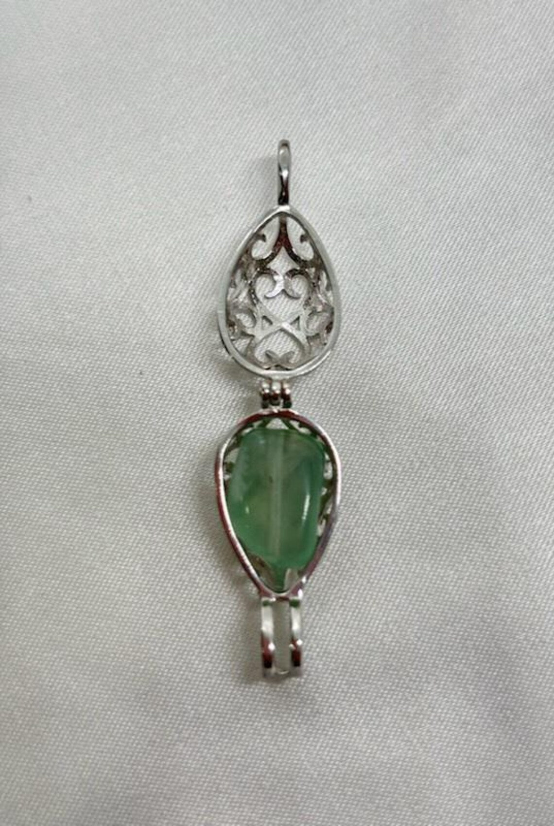 Sterling Silver Cage Pendant with Gemstone Options • Oval Egg Design • White Gold Plated • Peach Morganite • Green Fluorite • Gold Pyrite