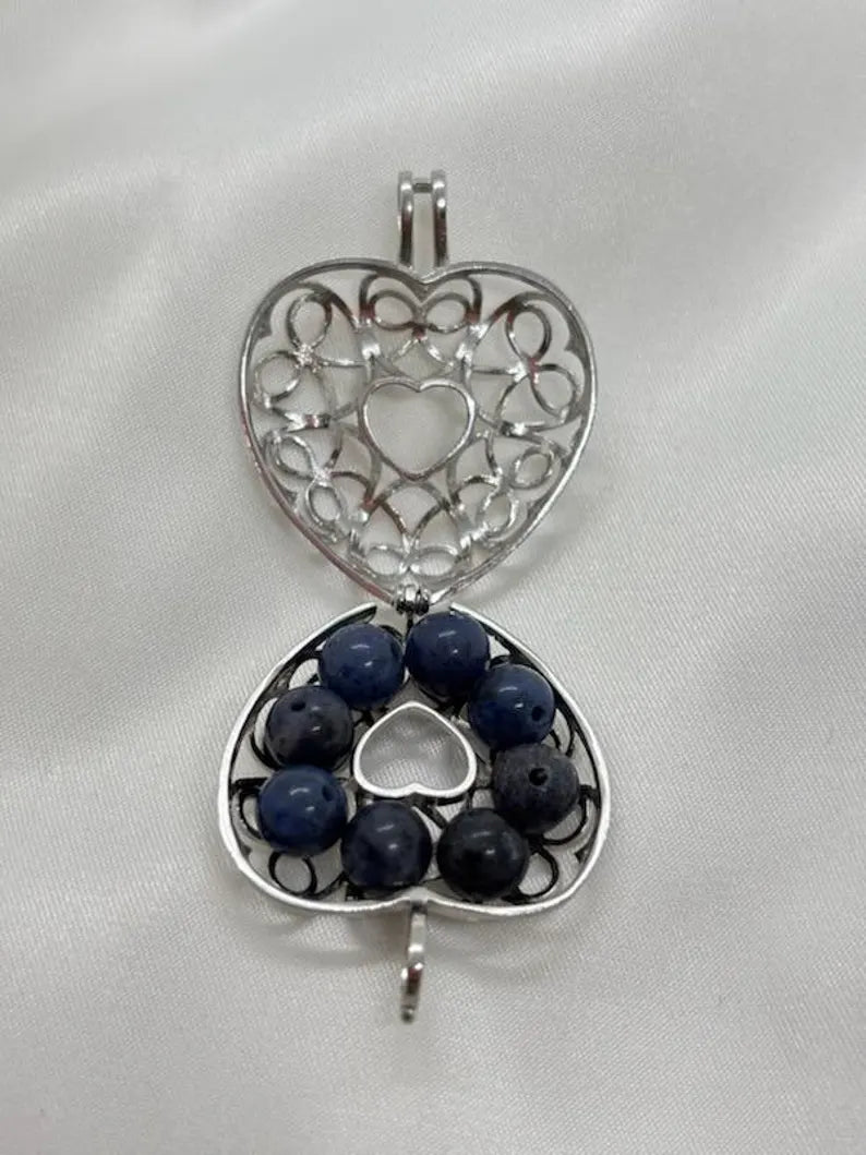Sterling Silver Cage Pendant with Gemstone Options • Lovely Heart Design • White Gold Plated • 9 Chakra • Angelite • Dumortierite