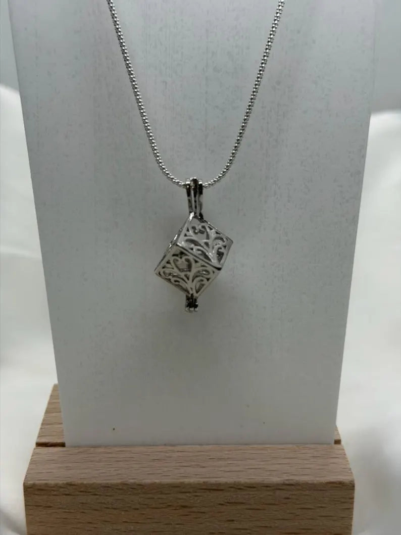 Sterling Silver Gemstone Cage Pendant • Lovely Blossom Cube • Interchangeable Necklace • Fits 8mm Gem (or 4pcs 5mm) • White Gold Plated