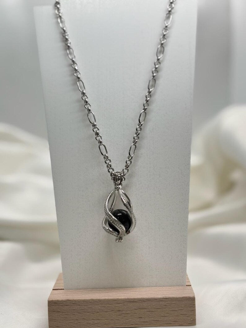 Sterling Silver Cage Pendant with Gemstone Options • Large Twist Design • White Gold Plated • Red Agate • Rainbow Obsidian • Bloodstone
