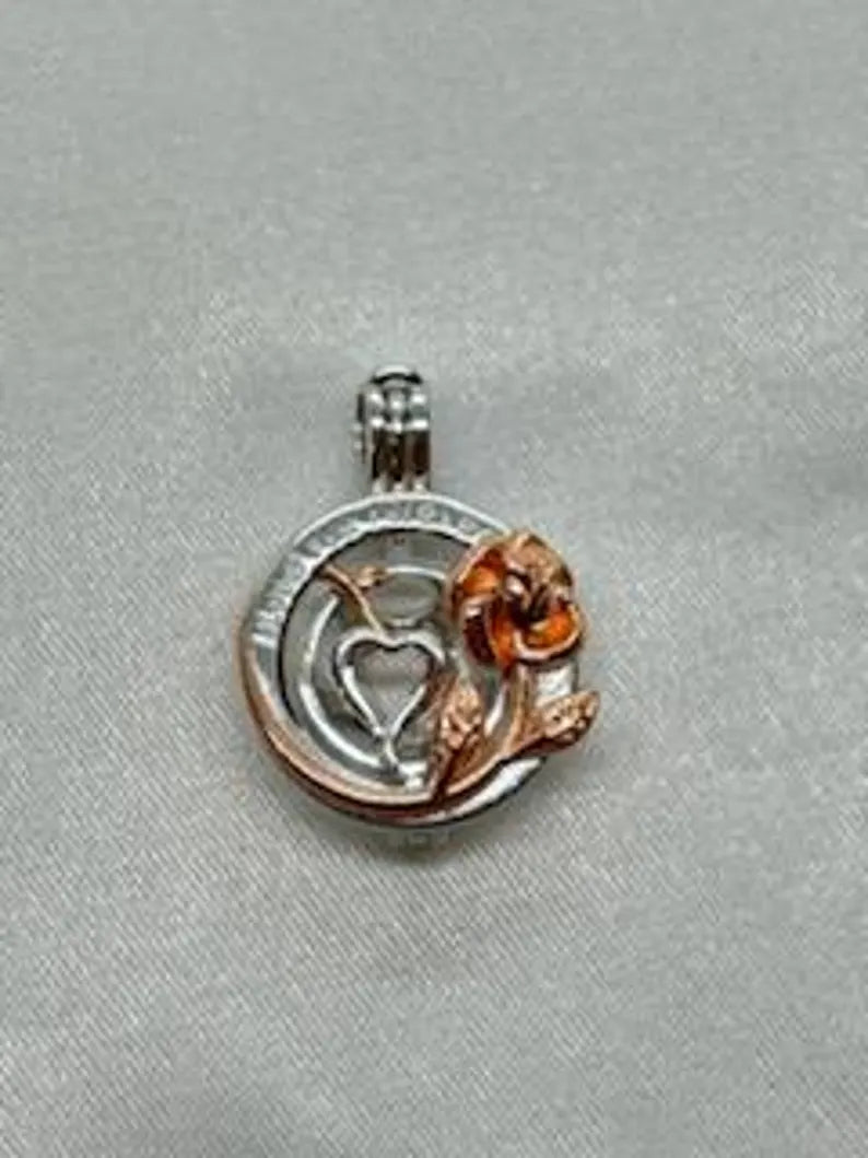 Romantic Cage Pendant Gift • 'I Love You Forever' Rose Gold Flower with Silver Heart • Fits 6mm Gem • Sterling Silver (White Gold Plated)