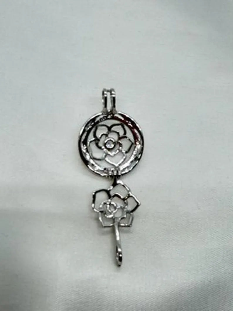 Sterling Silver Gemstone Cage Pendant • Flower with CZ Center • Interchangeable Necklace • Fits 5mm Gem (4 pcs) • White Gold Plated