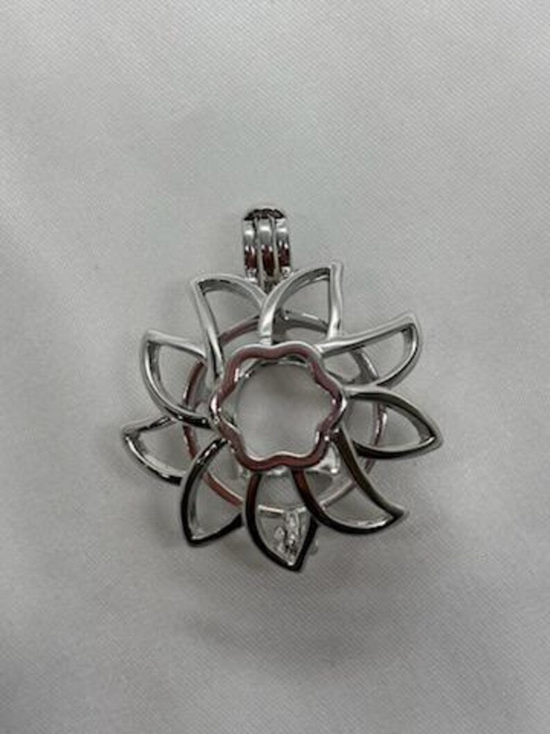 Sterling Silver Gemstone Cage Pendant • Large Sunflower Design • Fits 14mm Gem • White Gold Plated