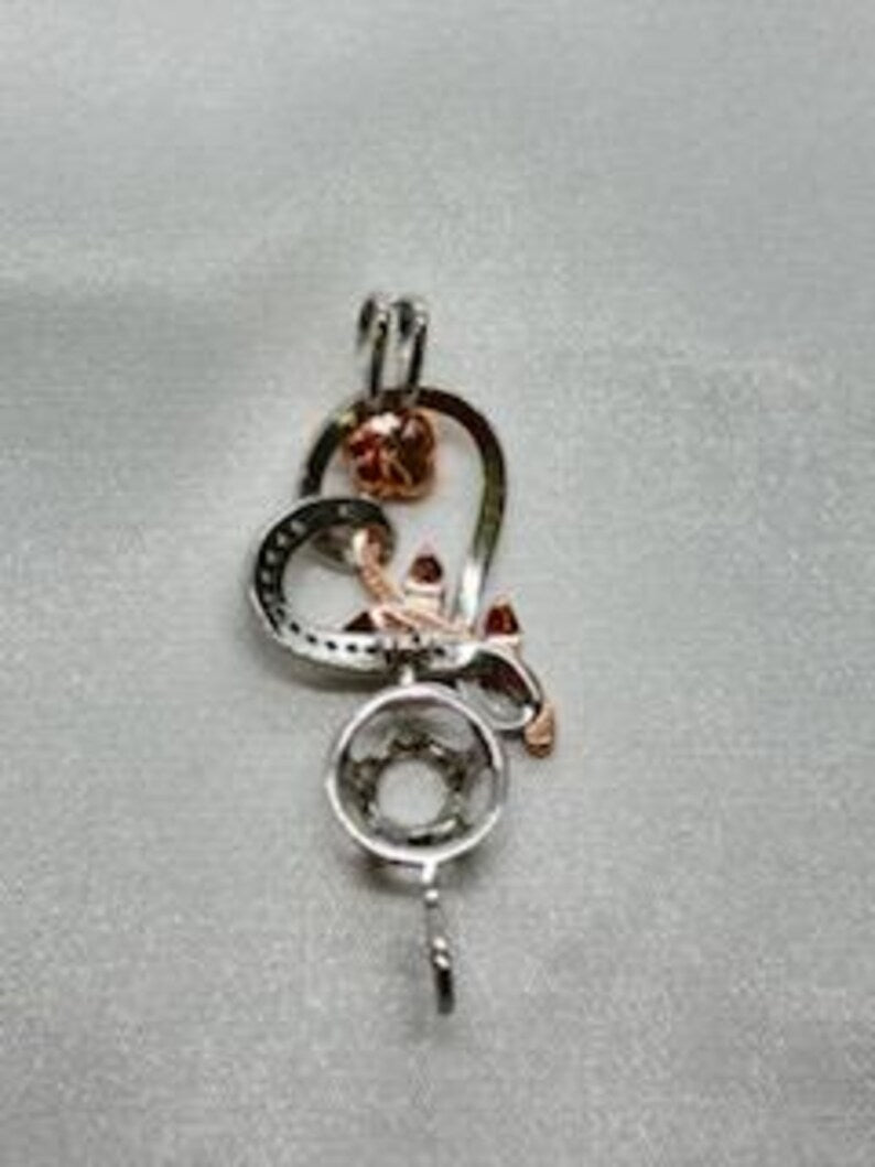 Romantic Cage Pendant Gift • Rose Gold CZ Flower in Sterling Silver CZ Heart • Sterling Silver White Gold Plated • Fits 6mm Gem • Gem Option