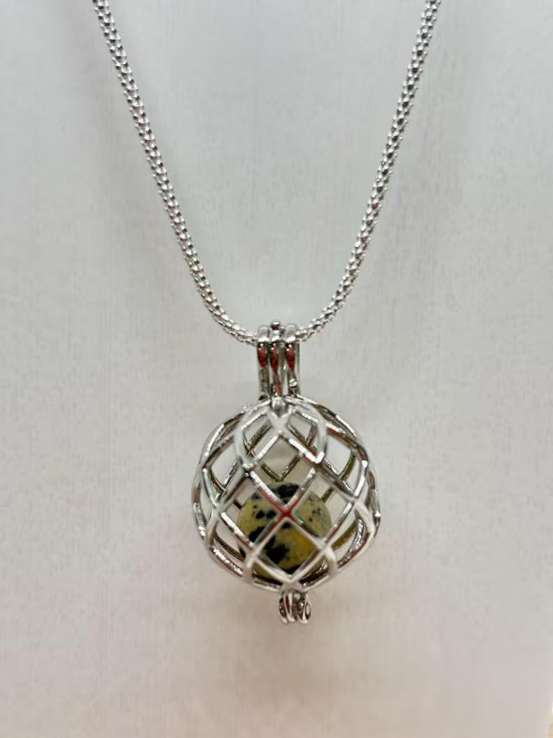 Sterling Silver Cage Pendant with Gemstone Options • Round Classic • White Gold Plated • Jade • Jasper • Peach Moonstone • Blue Lace Agate
