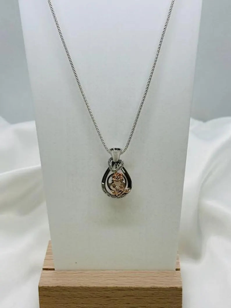 Romantic Cage Pendant Gift • 'Always in my Heart' Rose Gold CZ Blooms in Vase • Sterling Silver (White Gold Plated) • With Gemstone Options