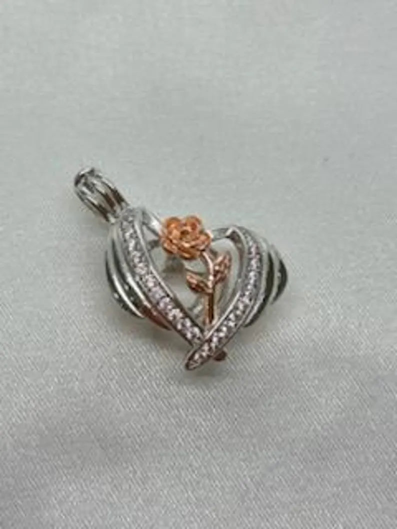 Romantic Cage Pendant Gift • Rose Gold Flower Bloom in 925 CZ Heart • Sterling Silver (White Gold Plated) • Fits 6mm Gem • With Gem Options