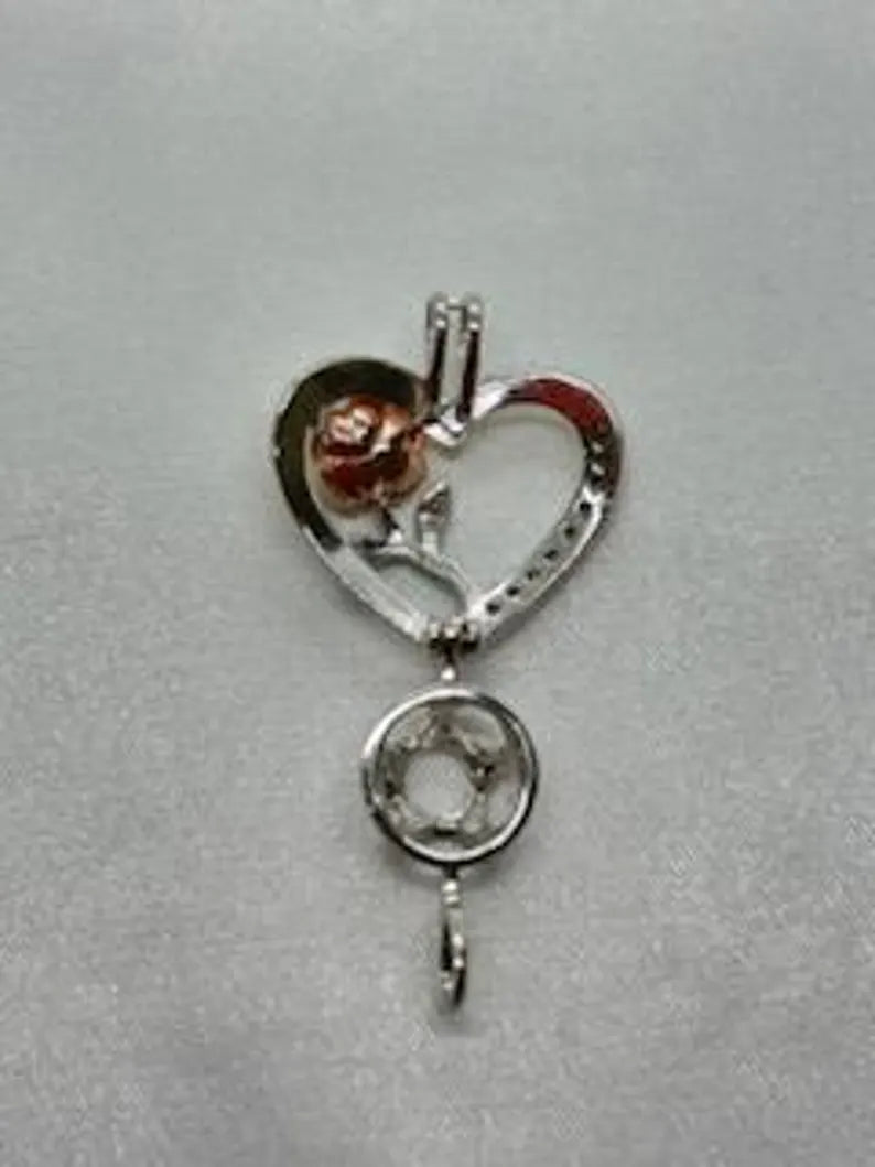 Romantic Cage Pendant Gift • Rose Gold Bloom on Green Stem in 925 CZ Heart • Sterling Silver White Gold Plated • Fits 6mm Gem • Gem Options