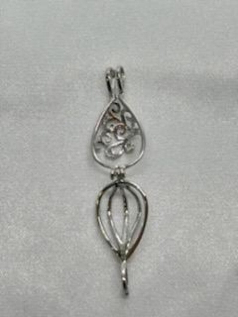 Sterling Silver Gemstone Cage Pendant • Flowing Waterdrop • Fits 8mm Gem • White Gold Plated