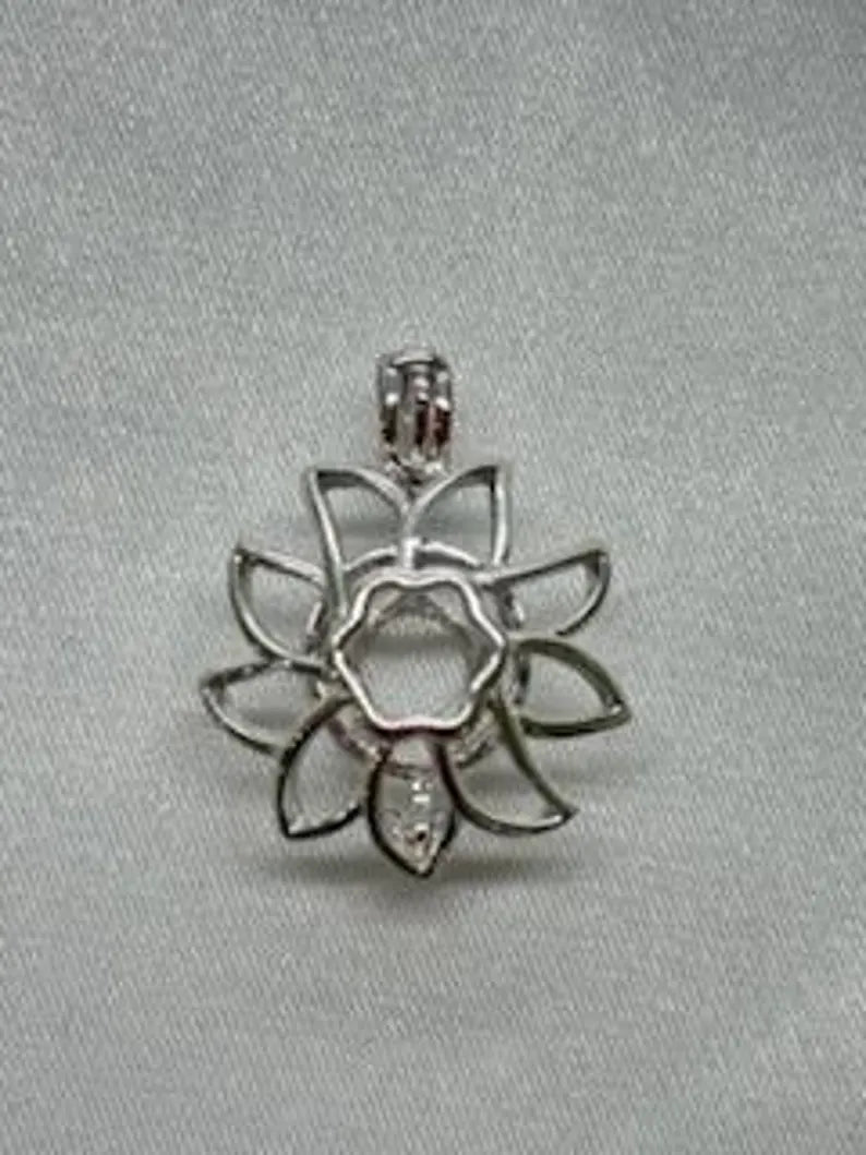 Sterling Silver Gemstone Cage Pendant • Sunflower Design • Fits 8mm Gem • Interchangeable Necklace • White Gold Plated