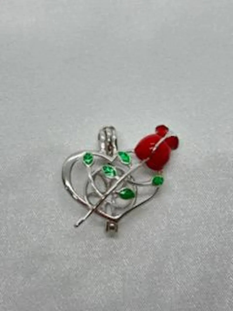Romantic Cage Pendant Gift • Red Rose + Green Leaves Sterling Silver (White Gold Plated) • Fits 6mm Gem • with Gemstone Options