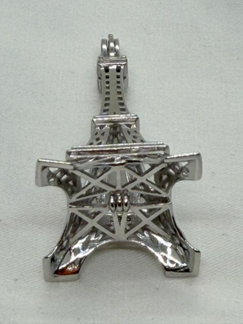 Sterling Silver Gemstone Cage Pendant • Eiffel Tower • 925 Crystal Holder • Birthstone Pendant • Fits 6mm (or 4 pcs 5mm) • White Gold Plated