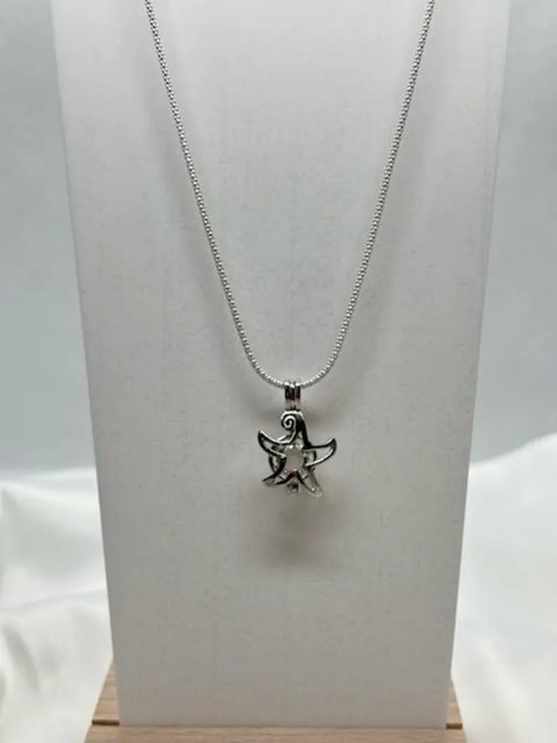 Sterling Silver Gemstone Cage Pendant • Starfish Design • Fits 6mm Gem • White Gold Plated