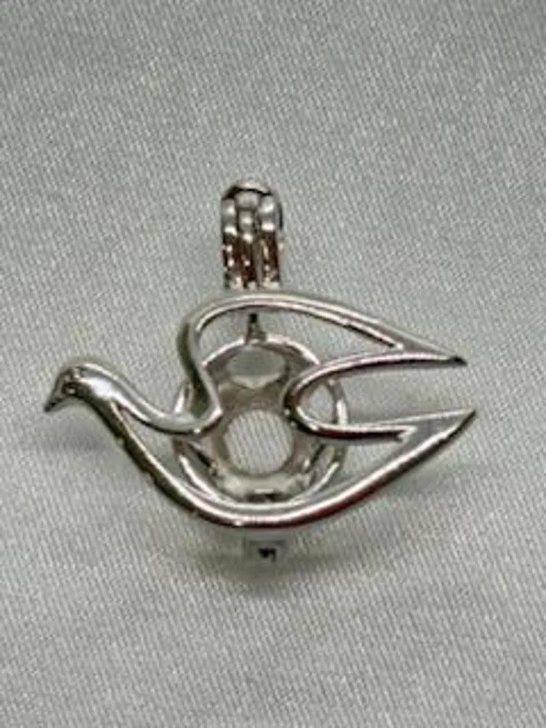 Sterling Silver Gemstone Cage Pendant • Peace Dove • Fits 8mm Gem • White Gold Plated