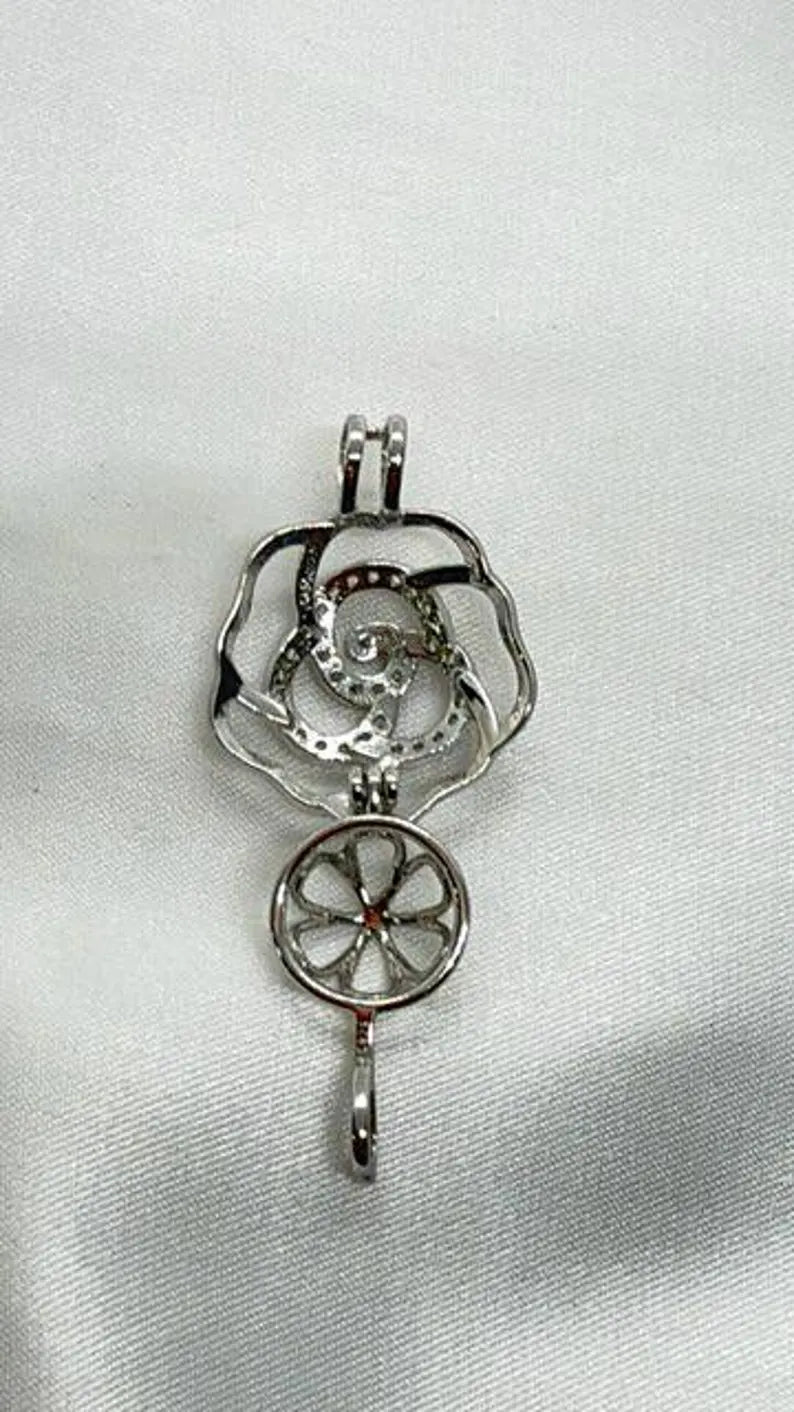 Sterling Silver Gemstone Cage Pendant • Flower CZ Swirl • Interchangeable Necklace • Fits 5mm Gem (3 pcs) • White Gold Plated